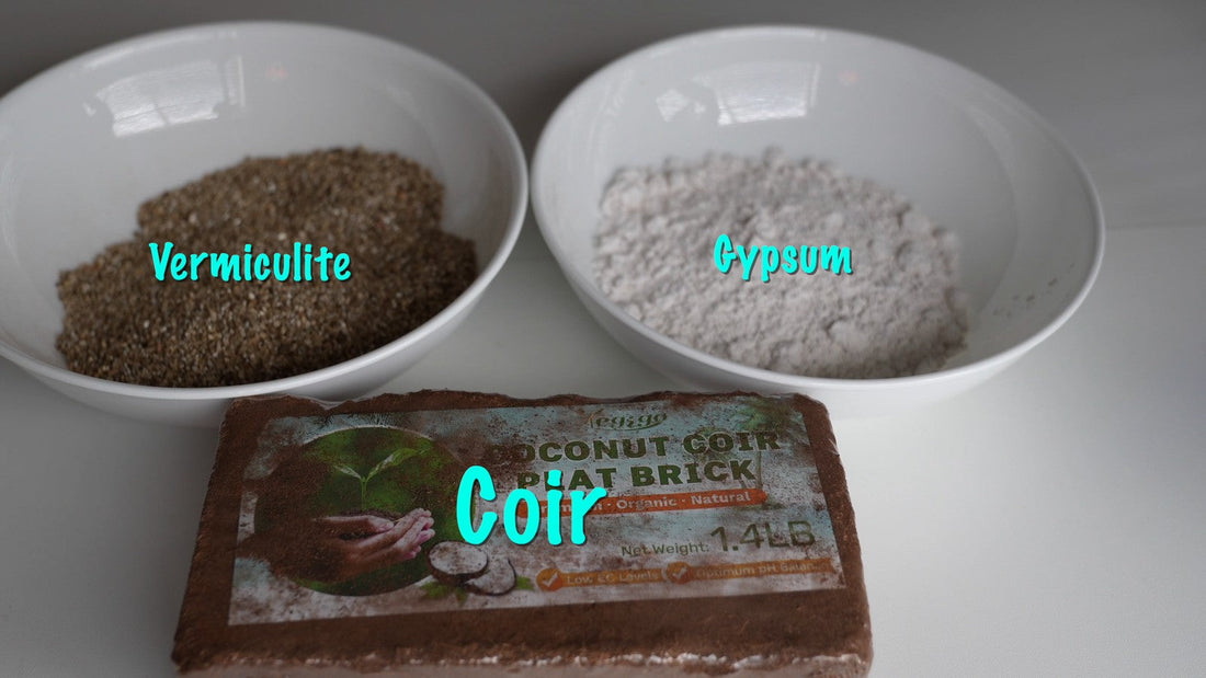 Coco coir, vermiculite and gypsum arranged on a table, with labels from Dalton’s CVG substrate video.